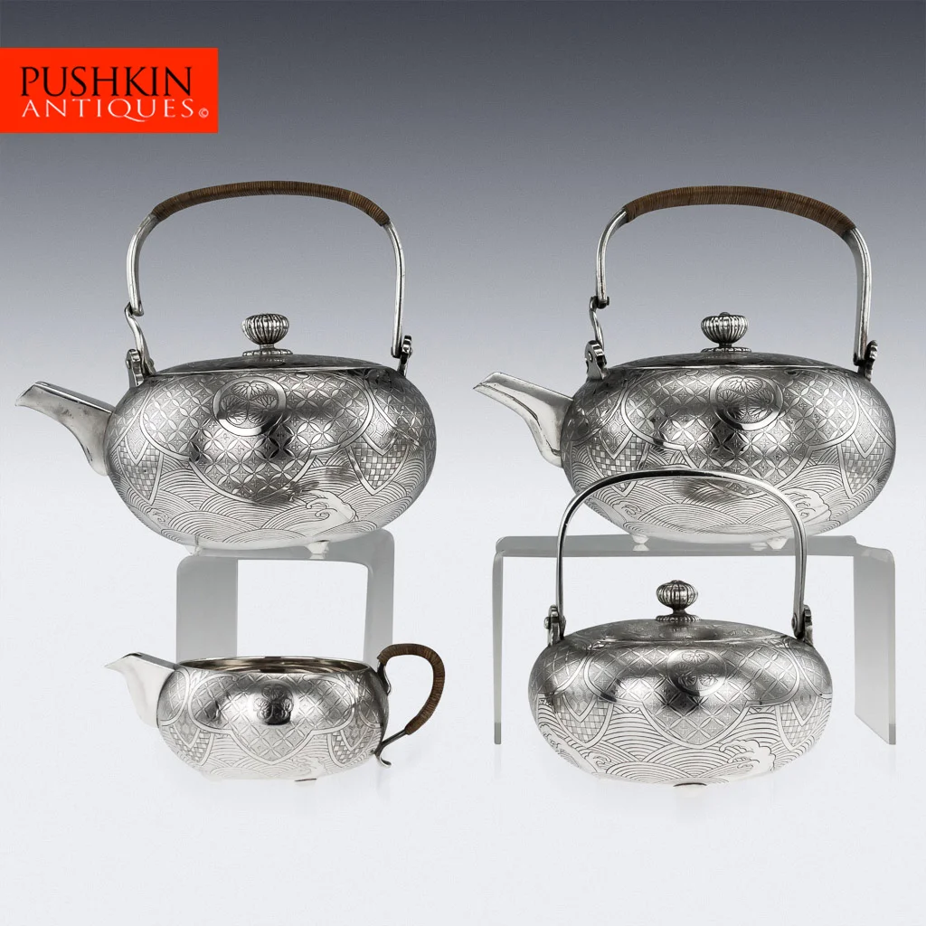 ANTIQUE 19thC JAPANESE MEIJI SOLID SILVER EXCEPTIONAL TEA SET, K